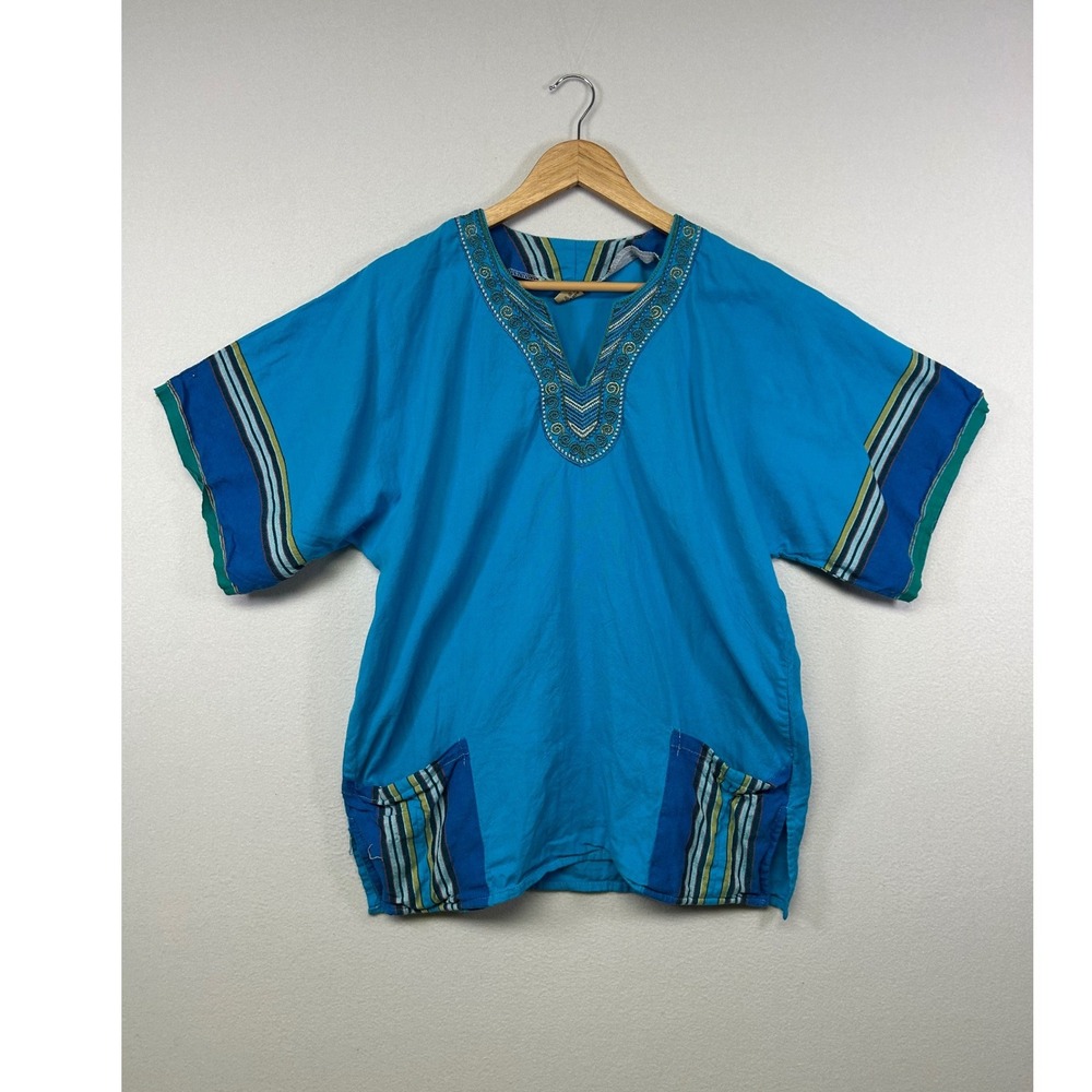 Boho Ethnic Image Womens Medium Blue Embroidered Cotton V-Neck Dashiki Tunic Top